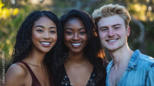 A friendly and inclusive group shot of an Asian woman, a Black woman, and a white man posing together, their warm smiles emphasizing diversity and harmony, set in a natural setting.