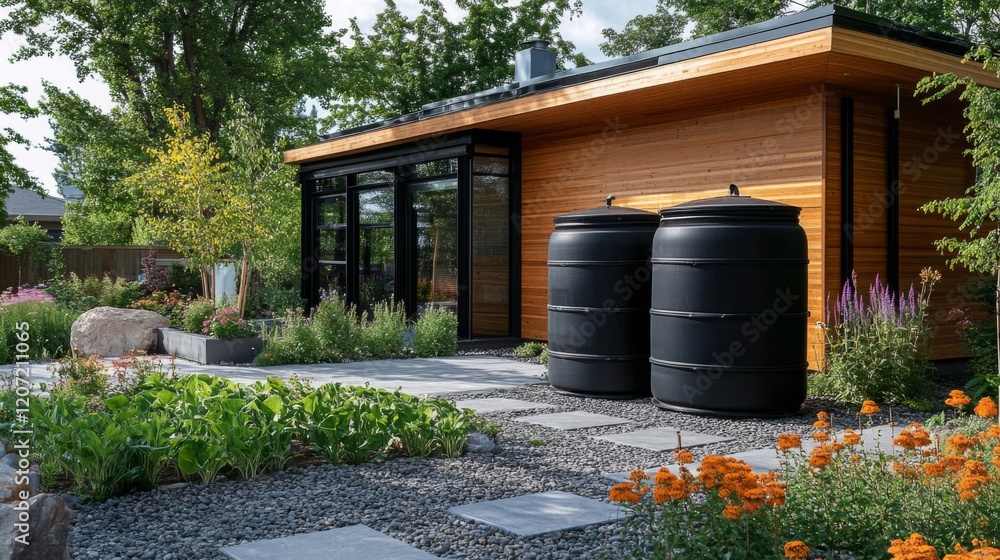 Naklejka premium Modern garden with wooden structure and rainwater harvesting tanks