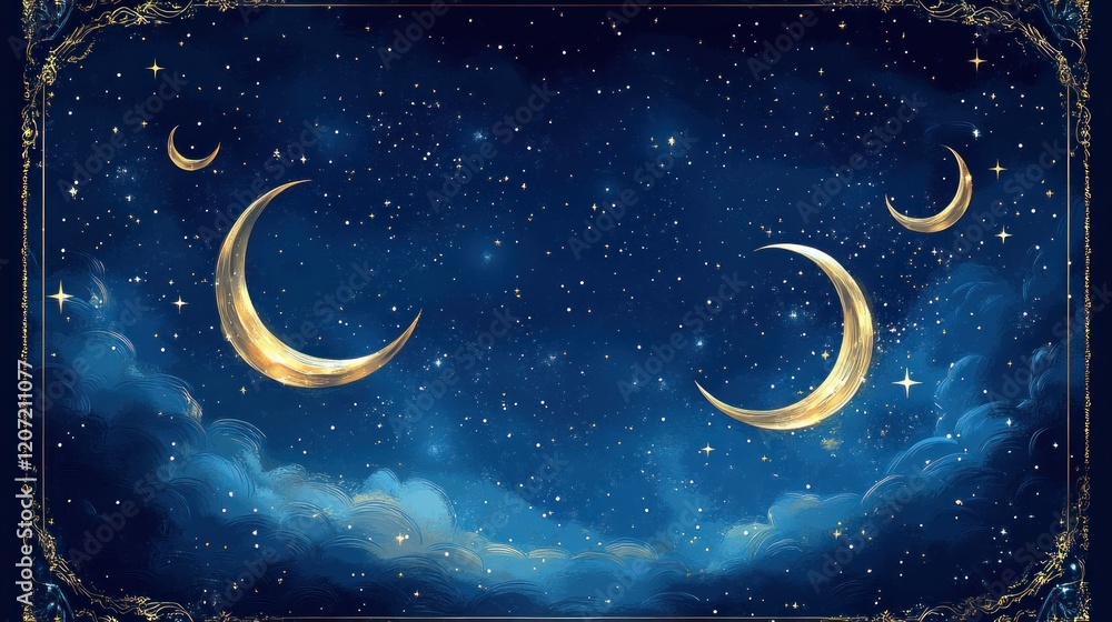 Golden crescent moons, stars, and clouds in a night sky. Golden crescent moons, stars, and clouds in a night sky.
