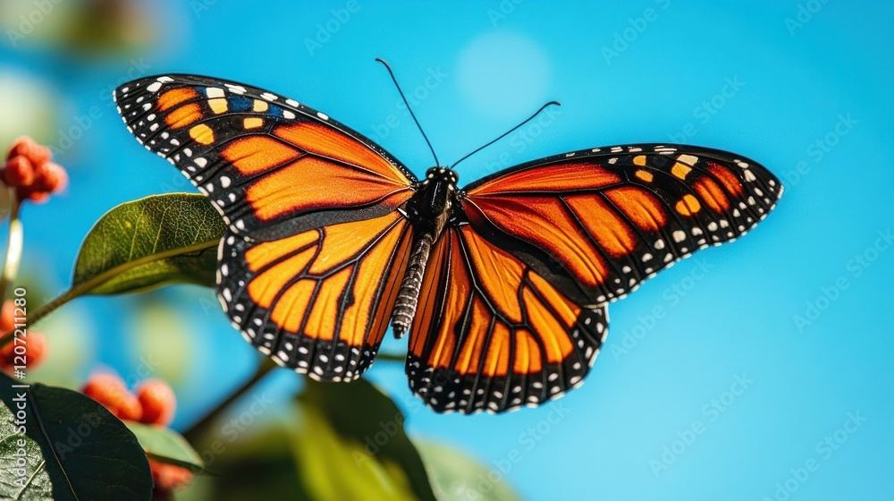 Majestic Monarch Butterfly on Vibrant Green Leaf Against a Clear Blue Sky Majestic Monarch Butterfly on Vibrant Green Leaf Against a Clear Blue Sky