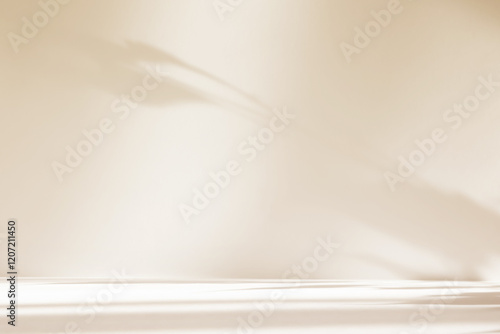 Abstract beige color gradient studio background for product presentation. Empty room with shadows of flowers and plant leaves. 3d ivory room with copy space. Summer concept. Blurred backdrop