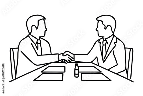 Two business professionals shaking hands over a conference table Line art flat vector illustration