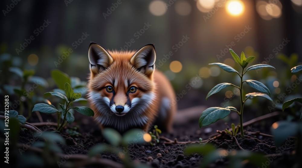 Naklejka premium A curious fox in a forest at sunset, surrounded by lush greenery and soft-focus light