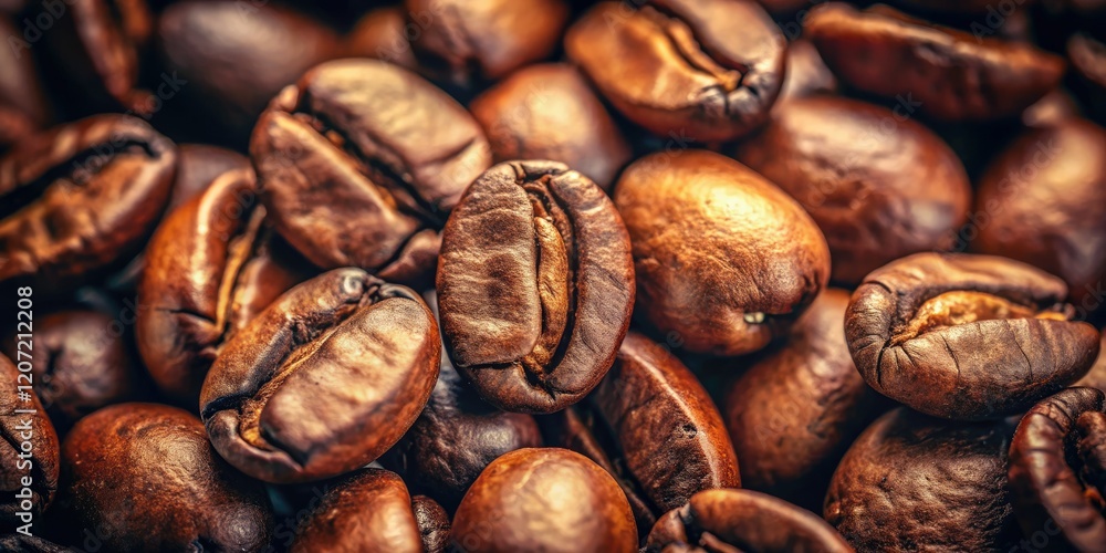 Obraz premium Rich, dark roasted coffee beans up close, showcasing their textured, vintage appeal.