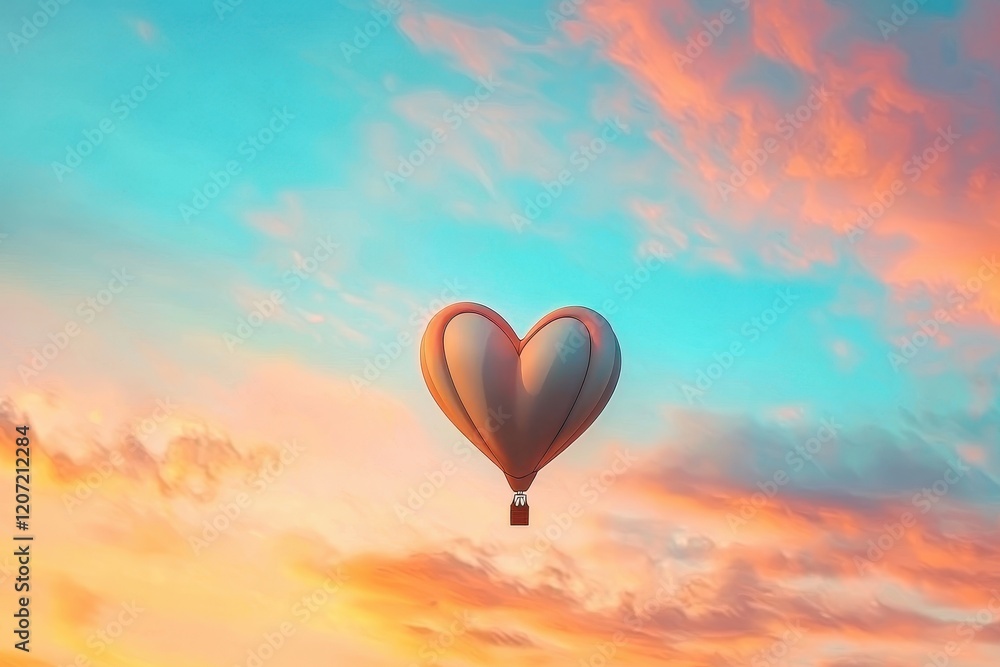 Fototapeta premium Heart-Shaped Hot Air Balloon Floating in Colorful Sunset Sky
