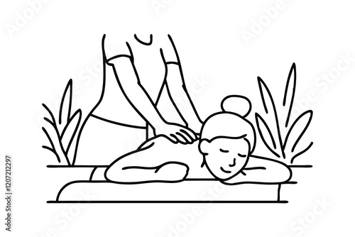 Woman receiving a soothing back massage, promoting relaxation and well-being in a serene environment Line art flat vector illustration.