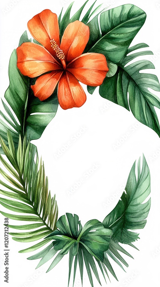 Obraz premium Watercolor Tropical Floral Wreath with Orange Hibiscus and Lush Green Leaves Perfect for Summer Designs