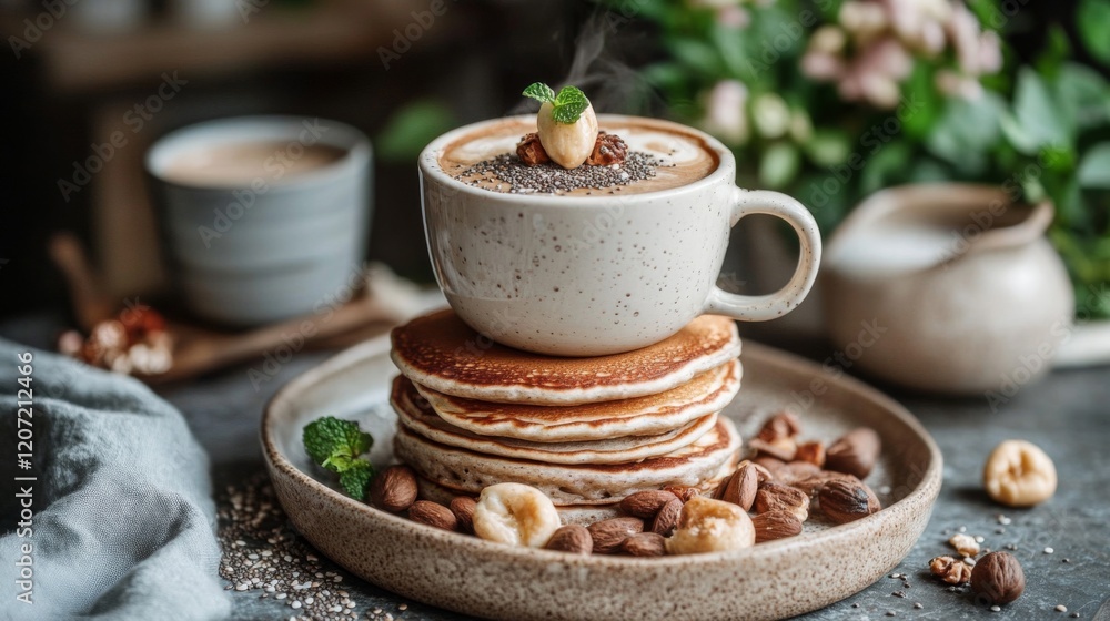 Warm and inviting breakfast scene featuring a stack of pancakes topped Warm and inviting breakfast scene featuring a stack of pancakes topped
