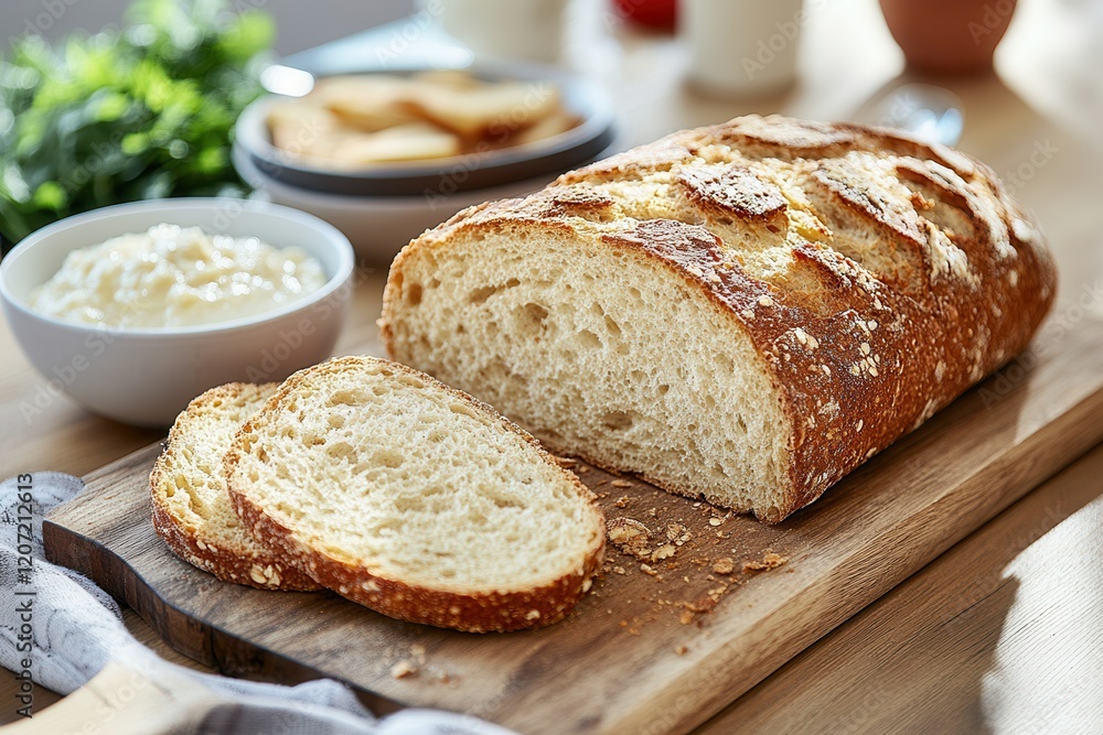 A golden loaf of bread rests on a rustic cutting board beside a creamy bowl of butter, inviting a delightful culinary experience. A golden loaf of bread rests on a rustic cutting board beside a creamy bowl of butter, inviting a delightful culinary experience.