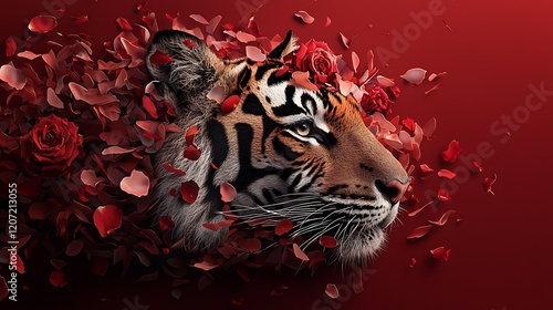 Wallpaper Mural Tiger portrait, rose petals, red background, romance, Valentine's Day Torontodigital.ca