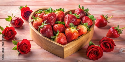 Romantic still life: heart-shaped box overflows with roses and strawberries, set against a soft pink backdrop.