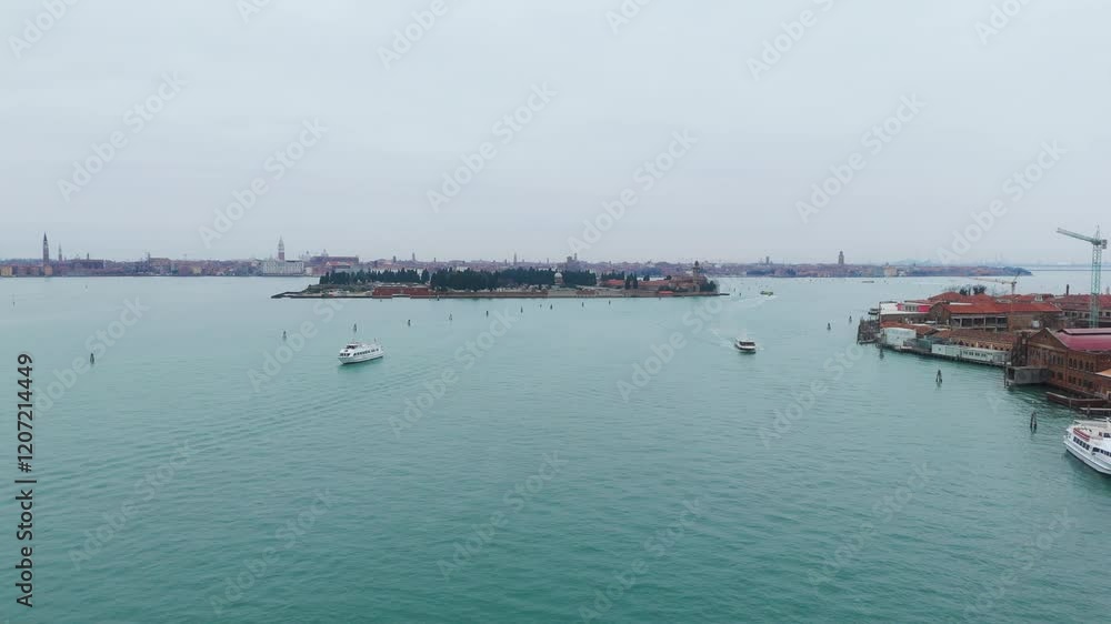 Murano, venice, showcasing tranquil waters and boats on a cloudy day, aerial view Murano, venice, showcasing tranquil waters and boats on a cloudy day, aerial view