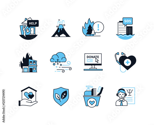 Natural disasters and cataclysms - line design style icons set