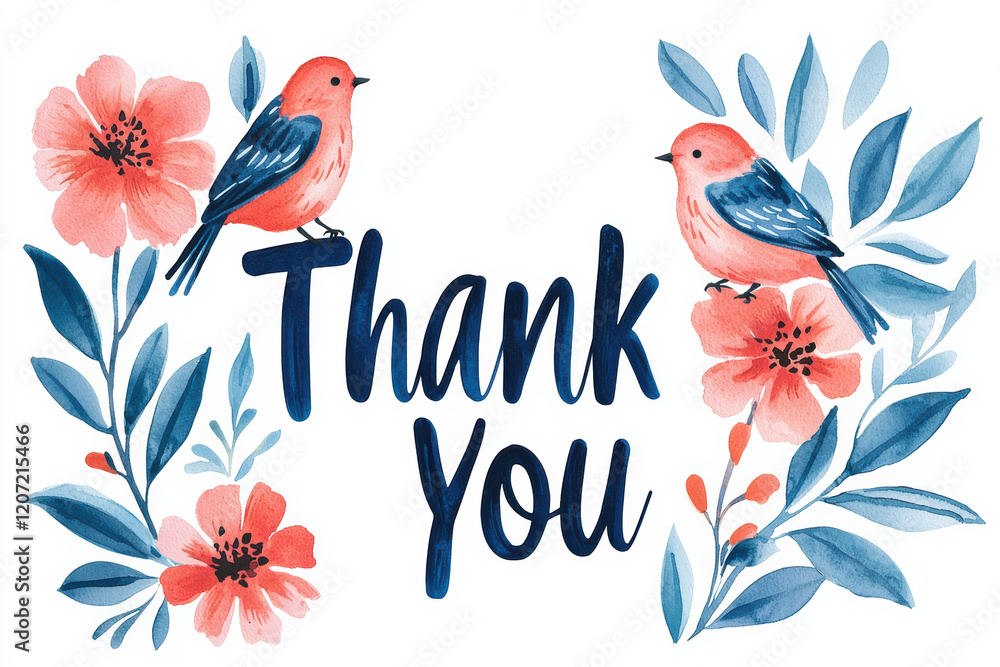 A vibrant watercolor illustration featuring two birds and flowers, conveying a heartfelt thank you message. A vibrant watercolor illustration featuring two birds and flowers, conveying a heartfelt thank you message.