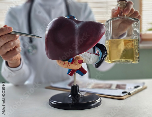 Foto Alcoholic liver damage and liver cirrhosis concept with liver and alcohol