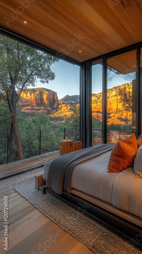 Luxurious modern bedroom with stunning mountain view at sunset. warm colors of landscape complement cozy interior, creating serene atmosphere for relaxation