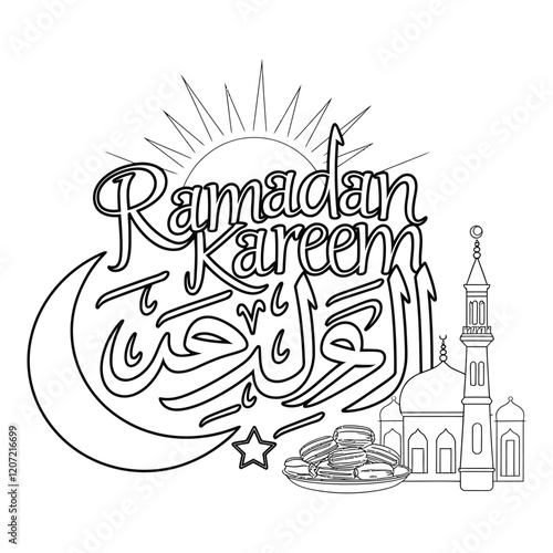 Hand drawn Ramadan Iftar with illustration of Blue Fanous Lantern and Sweet Dates for Islamic Holy Month, Ramadan Kareem, Iftar Party celebration for coloring page