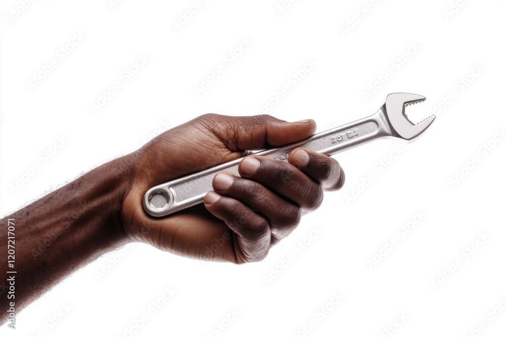 Mechanic holding adjustable wrench on white background Mechanic holding adjustable wrench on white background