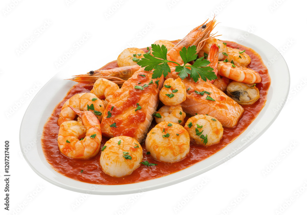 Platter of seafood in a rich tomato sauce garnished with fresh parsley, isolated on white background Platter of seafood in a rich tomato sauce garnished with fresh parsley, isolated on white background