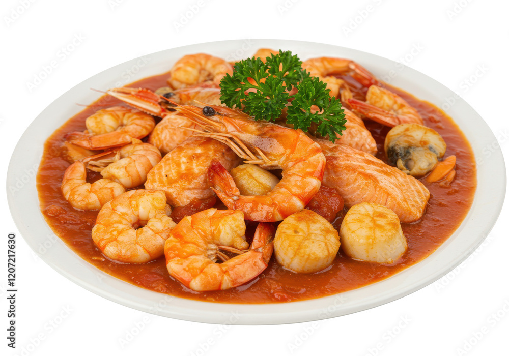 Platter of seafood in a rich tomato sauce garnished with fresh parsley, isolated on white background