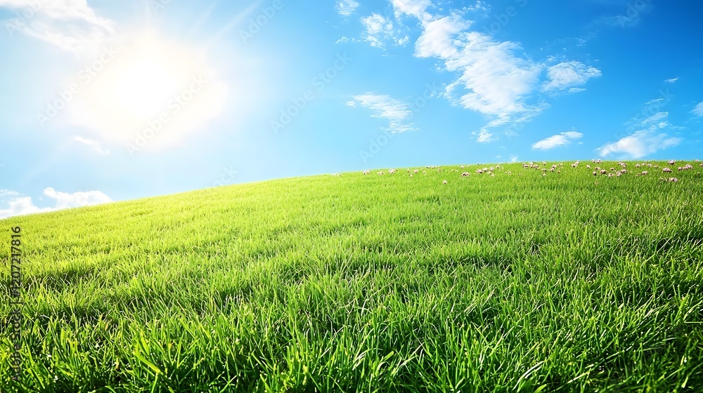 Obraz premium Lush verdant rolling grassy slope adorned with a vibrant array of colorful flowers stretching out toward a radiant azure blue sky dotted with fluffy white clouds on a bright sunny day