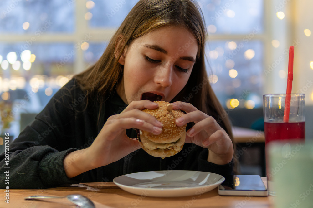 Teenage girl eats burger. A girl holds a burger in his hands and eats at a sidewalk cafe. Street food and fast food concept. Unhealthy diet as a cause of gastritis diseases. Teenage girl eats burger. A girl holds a burger in his hands and eats at a sidewalk cafe. Street food and fast food concept. Unhealthy diet as a cause of gastritis diseases.