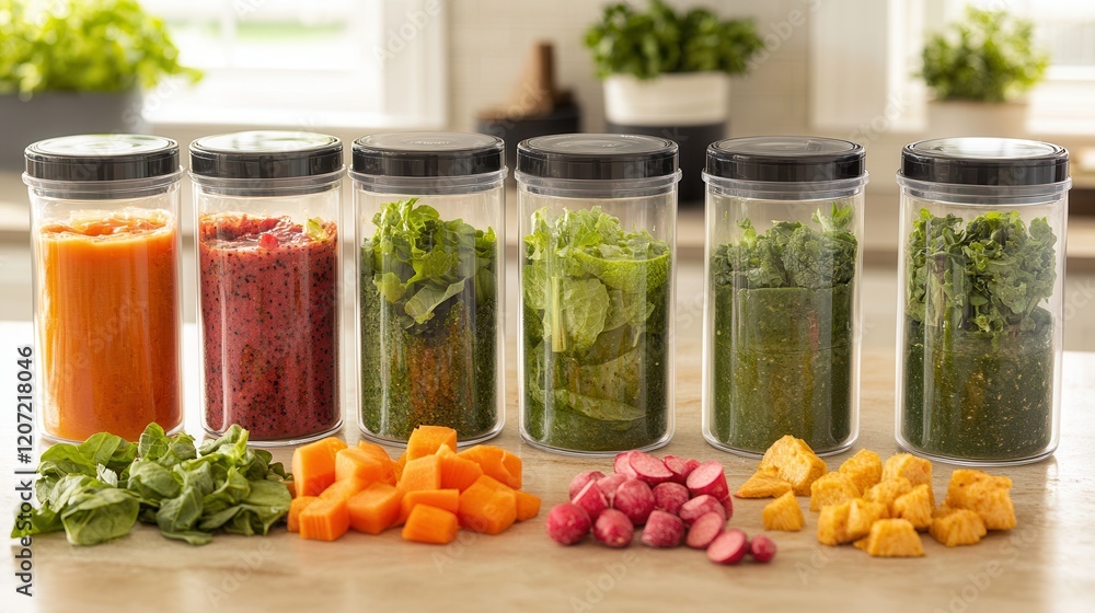 Colorful jars brim with a variety of fresh vegetables, showcasing vibrant greens, deep reds, and sunny yellows, inviting a feast for the eyes and palate. Colorful jars brim with a variety of fresh vegetables, showcasing vibrant greens, deep reds, and sunny yellows, inviting a feast for the eyes and palate.