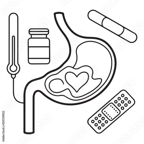 Stomach ache and pain related editable outline icons.