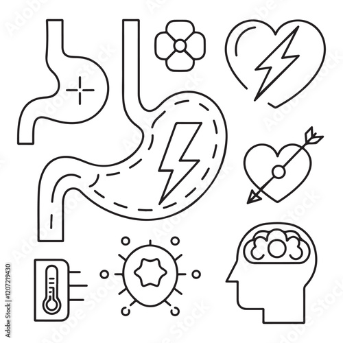 Stomach ache and pain related editable outline icons.