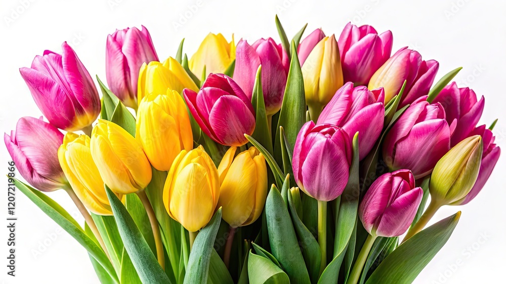 Vibrant pink and yellow tulips bloom against a pristine white, perfect for product shots. Vibrant pink and yellow tulips bloom against a pristine white, perfect for product shots.