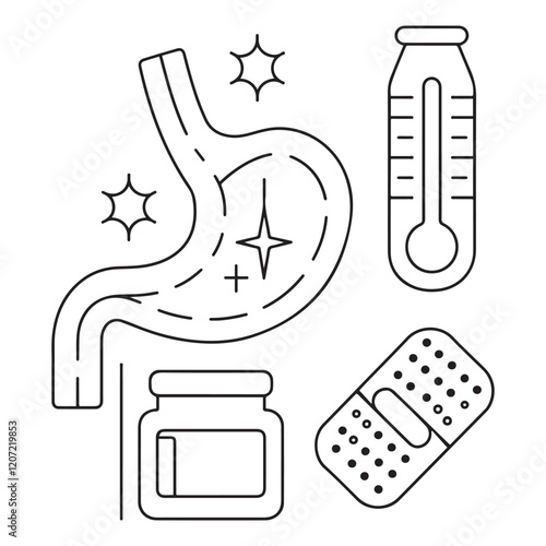 Stomach ache and pain related editable outline icons.