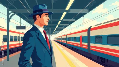 Businessman in Formal Attire at the Train Station Embarking on a Journey