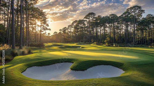 Golf course at sunset with beautiful sky and sand trap. Scenic panoramic view of golf fairway with bunker. Golf field with pines