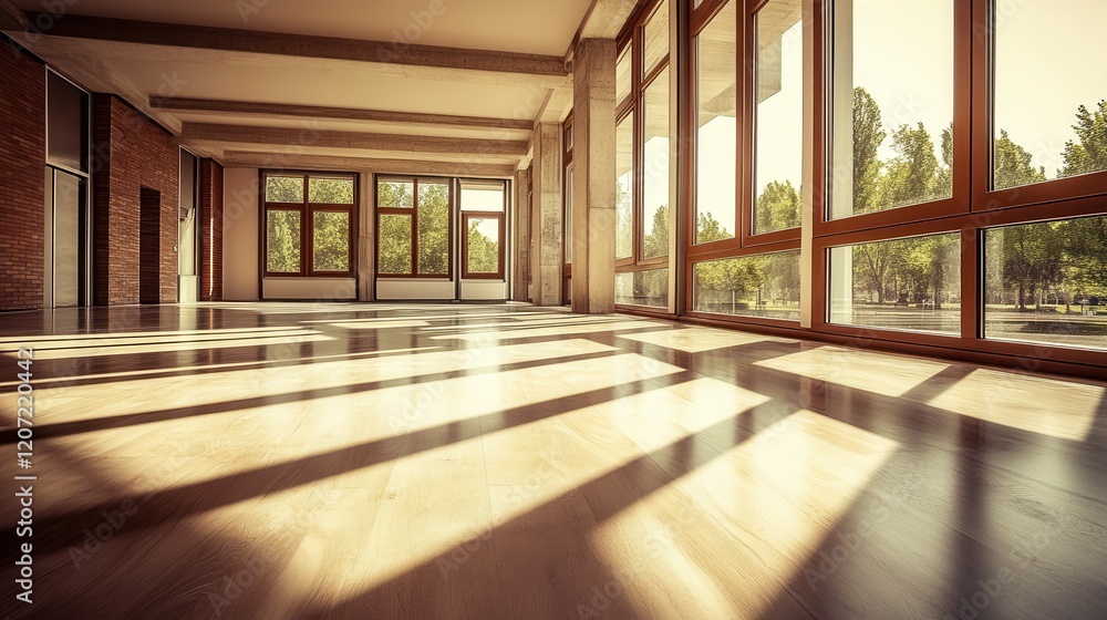 A sunlit room with expansive windows casts warm light on the polished wooden floor, inviting serenity and a sense of openness to the space. A sunlit room with expansive windows casts warm light on the polished wooden floor, inviting serenity and a sense of openness to the space.