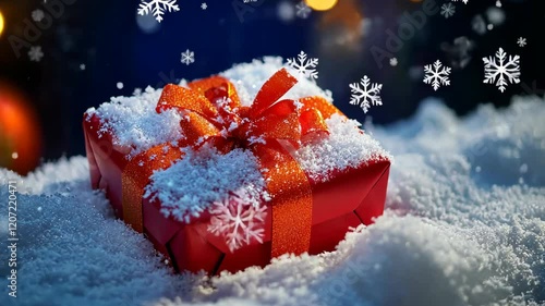 Holiday gift wrapped in red with a bright ribbon nestled in soft snowflakes during a cheerful winter evening