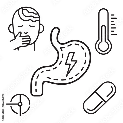 Stomach ache and pain related editable outline icons.