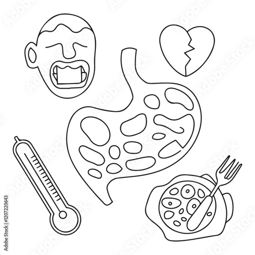 Stomach ache and pain related editable outline icons.