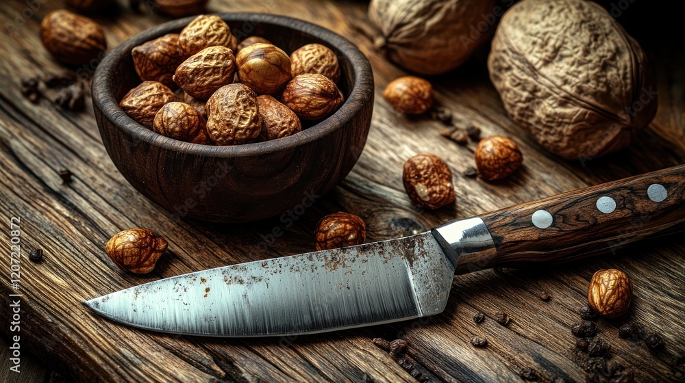 Hazelnuts in bowl, walnuts, knife, wooden board. Hazelnuts in bowl, walnuts, knife, wooden board.