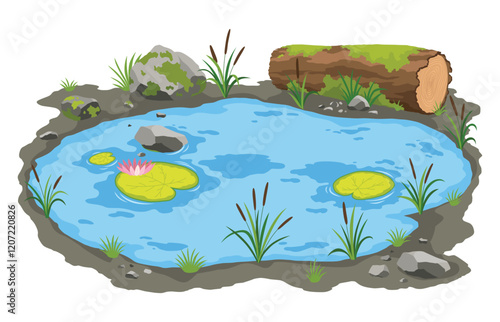 Picturesque natural pond. Blue water pond with reeds and stones. Concept of outdoor scene, open small swamp lake. Countryside landscape vector cartoon illustration