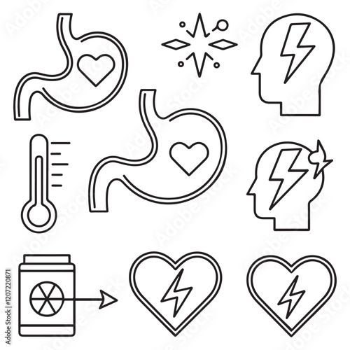 Stomach ache and pain related editable outline icons.