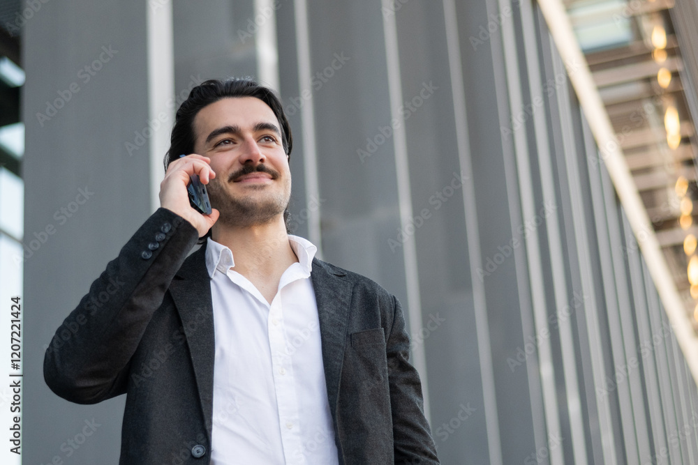 Young businessman making a phone call outside a modern office building, smiling confidently while looking away, embodying success and professionalism in a bustling urban environment Young businessman making a phone call outside a modern office building, smiling confidently while looking away, embodying success and professionalism in a bustling urban environment