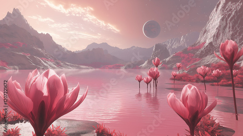 Serene Martian Lake with Alien Flora