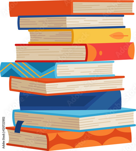 High book stacks or pile. Library textbooks and school literature heaps, dictionaries. Bookstore advertise. Cartoon stacked books angle view with different colorful covers isolated on white