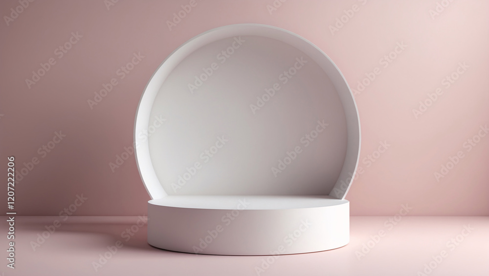 Clean white display stand used for showcasing products in commercial ads with a soft pink background Realistic 3D Podium for Mockup Clean white display stand used for showcasing products in commercial ads with a soft pink background Realistic 3D Podium for Mockup