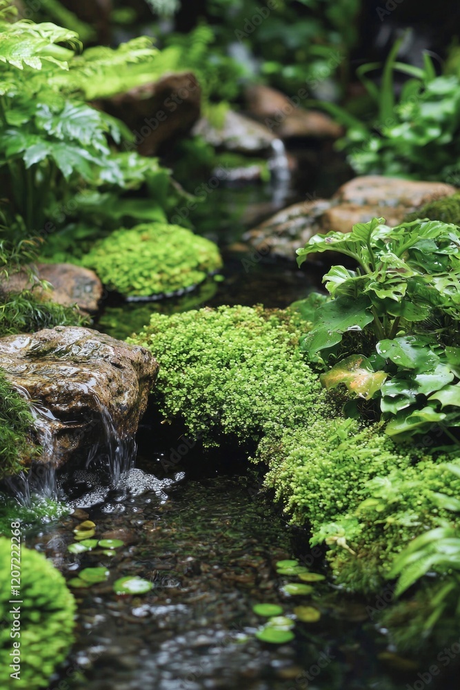 Mossy rocks surrounded by lush green plants, create a serene and natural atmosphere Mossy rocks surrounded by lush green plants, create a serene and natural atmosphere