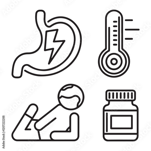 Stomach ache and pain related editable outline icons.