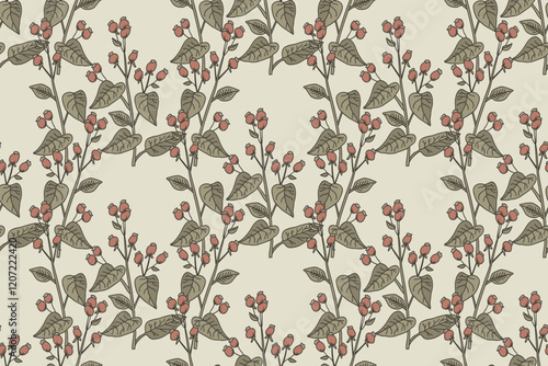 Botanical abstract seamless branch with leaves and berries pattern vector illustration. Repeating tree plant print in beie pastel colors. Graphic design for Wallpaper Wedding Cover Wrapping Textile