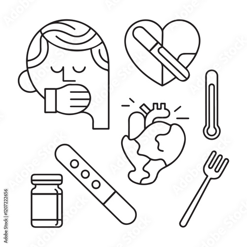 Stomach ache and pain related editable outline icons.