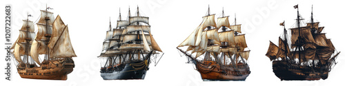 Historic Wooden Sailing Ships with Full Sails on transparent background