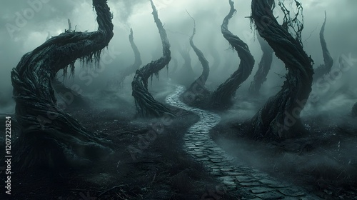 Wallpaper Mural Chilling Halloween path winding through a fog covered forest where twisted lifeless trees loom overhead creating an eerie Gothic and unsettling atmosphere perfect for horror fantasy or mystery themes Torontodigital.ca